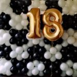 Dekoracja na 18 urodziny. Balonowa ścianka do zdjęć i cyferki z balonów helowych.