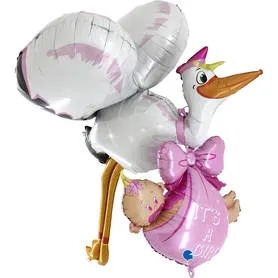 Duży balon z helem w kształcie bociana z dzieckiem na Baby Shower Bociankowe