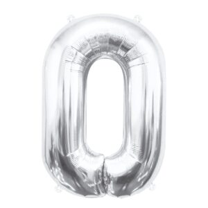 K0020a. Balon foliowy srebrny cyfra 0 mniejszy 85 cm
